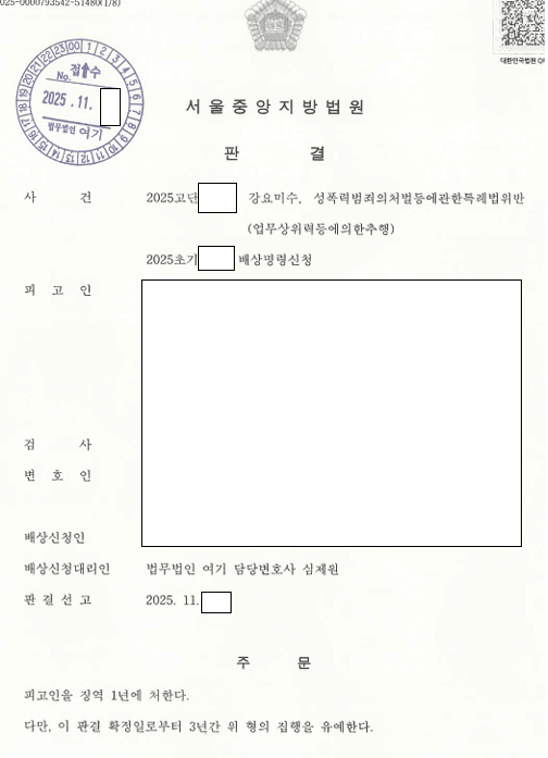 업무상 위력에 의한 추행 피해자 대리, 전부 유죄 관련 결정문 일부