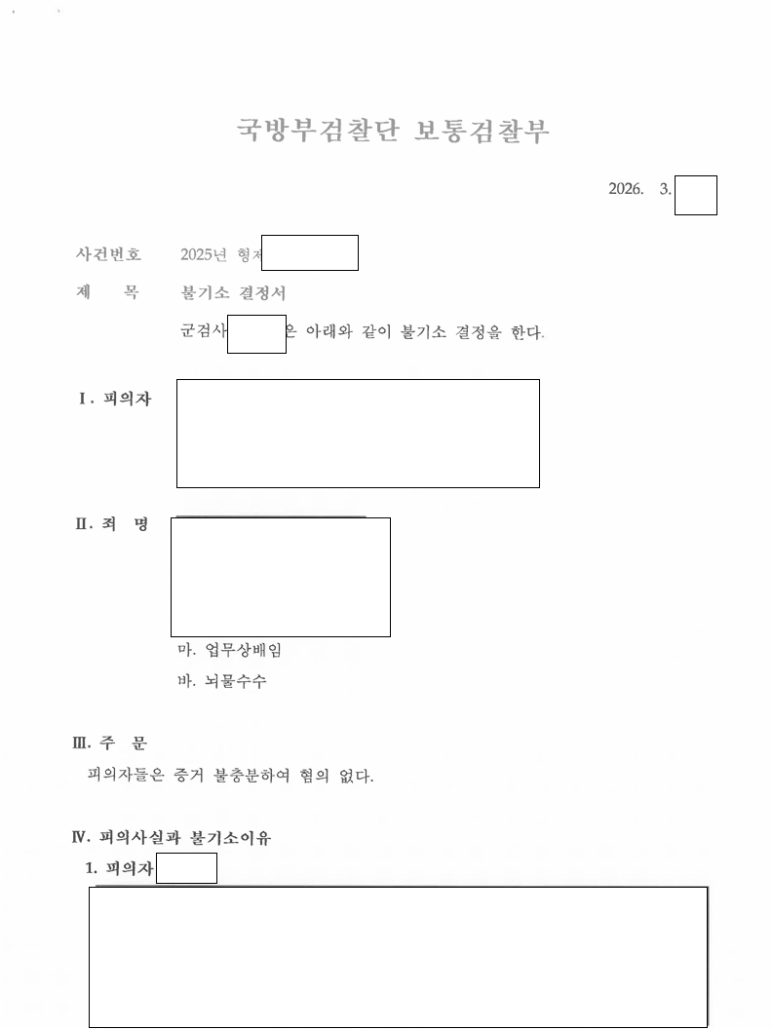 2년에 걸친 업무상배임·뇌물수수 수사, 혐의없음 관련 결정문 일부