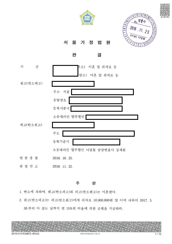 2년 이혼소송, 조정안보다 나은 반소 승소 관련 결정문 일부