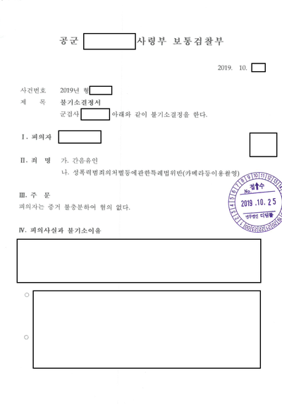 미성년자 간음유인·카메라촬영, 군검찰 전부 혐의없음 관련 결정문 일부