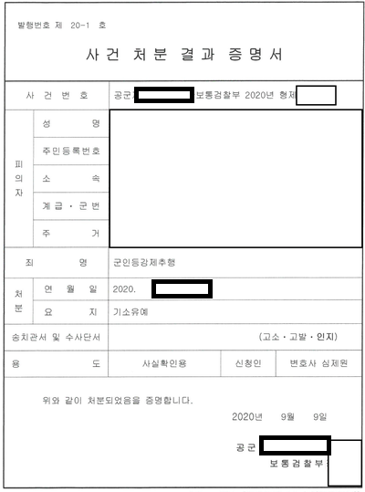 공군 병사 군인등강제추행, 합의 대행 후 기소유예 관련 결정문 일부