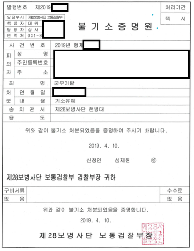 부대 울타리를 넘은 현지이탈, 구속영장 기각 후 기소유예 관련 결정문 일부