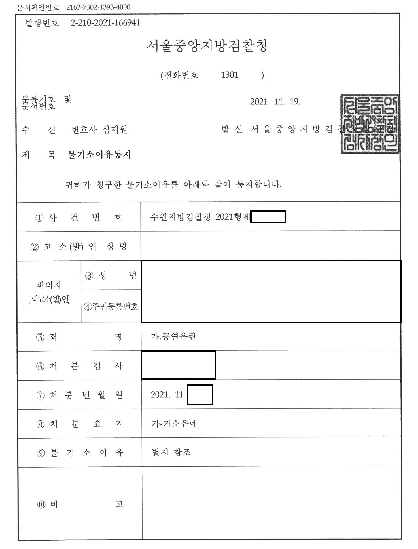 공연음란 사건, 송치 직후 기소유예 관련 결정문 일부