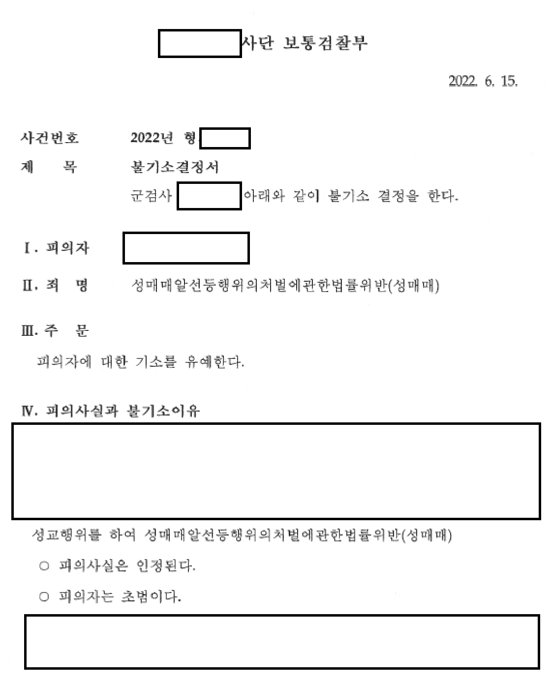 오피스텔 성매매 업소 장부 적발 군인, 기소유예 관련 결정문 일부
