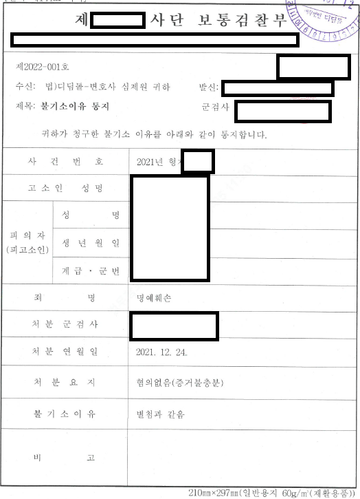 기분 나쁜 평가로 명예훼손 고소, 혐의없음 관련 결정문 일부