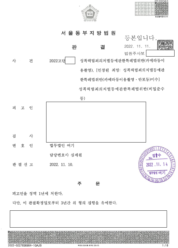 집행유예 기간 중 카메라촬영 재범, 다시 집행유예 관련 결정문 일부
