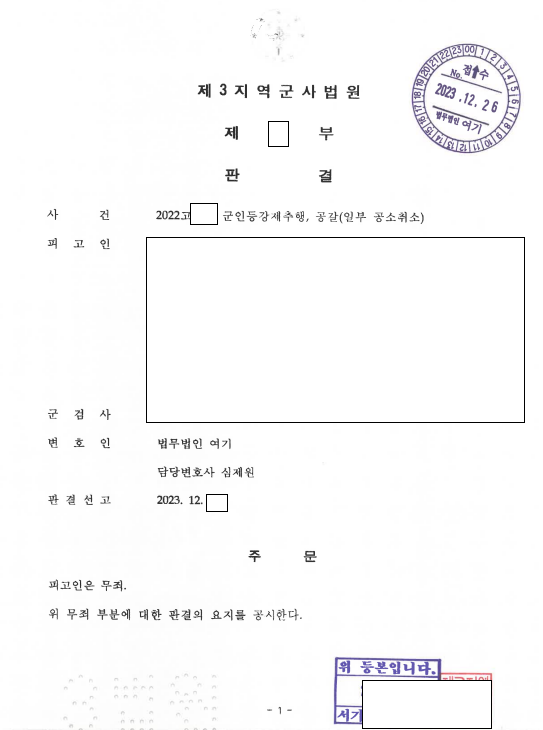 어깨를 잡은 행위로 기소된 강제추행·공갈, 전부 무죄 관련 결정문 일부